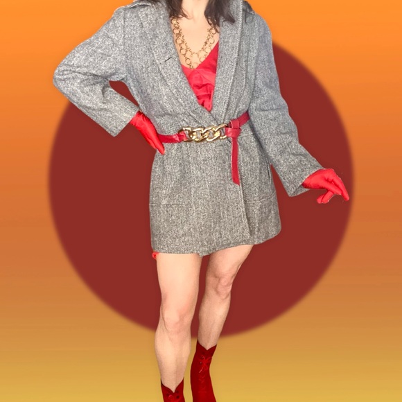 💫Vintage 80s 90s does MOD Schoolgirl Prep Herman Kay Grey Herringbone Wool Coat - Picture 4 of 13